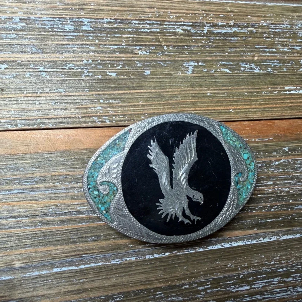 Vintage Western Eagle Belt Buckle Turquoise Chip Inlay Black Onyx Style Oval